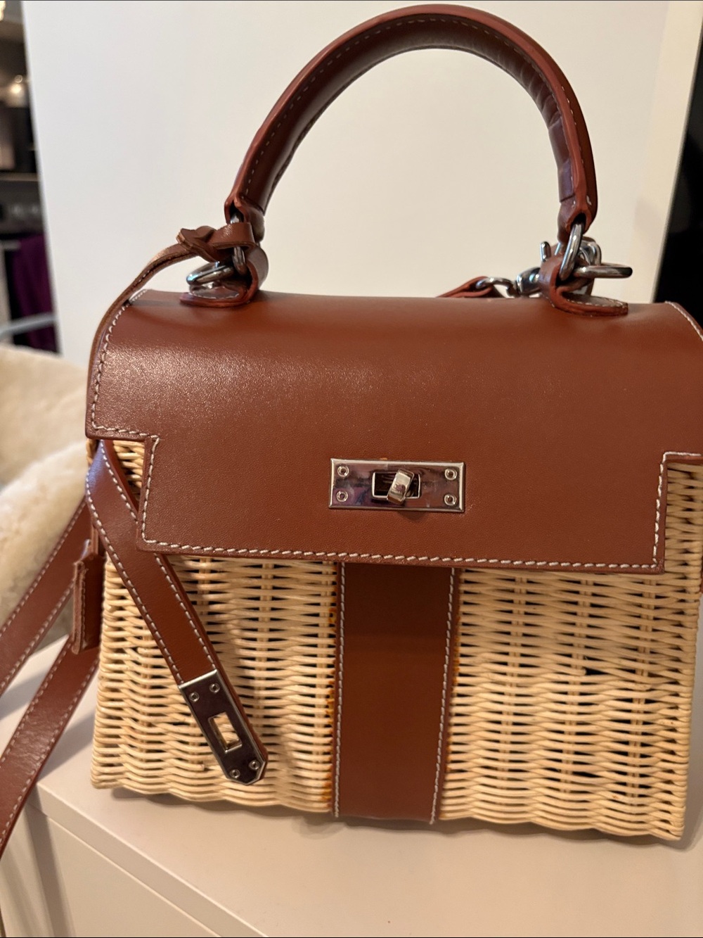 Brown Leather & Wicker Top-Handle Bag